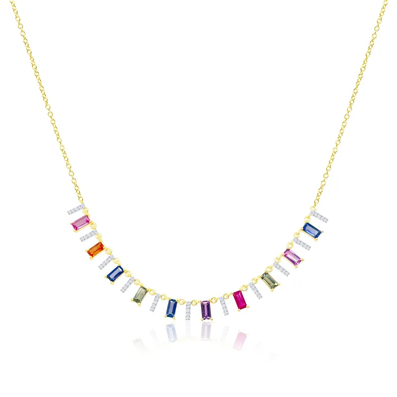 Yellow Gold Diamond and Multicolor Sapphire Rainbow Fringe Necklace made by Meira T