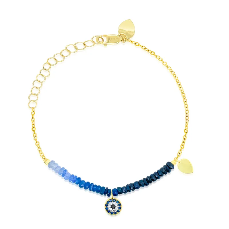 Yellow Gold Blue Beaded Bracelet with Sapphire and Diamond Evil Eye made by Meira T