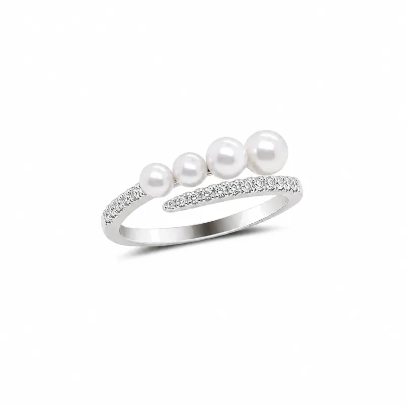 White Gold Diamond and White Pearl Ring made by Meira T