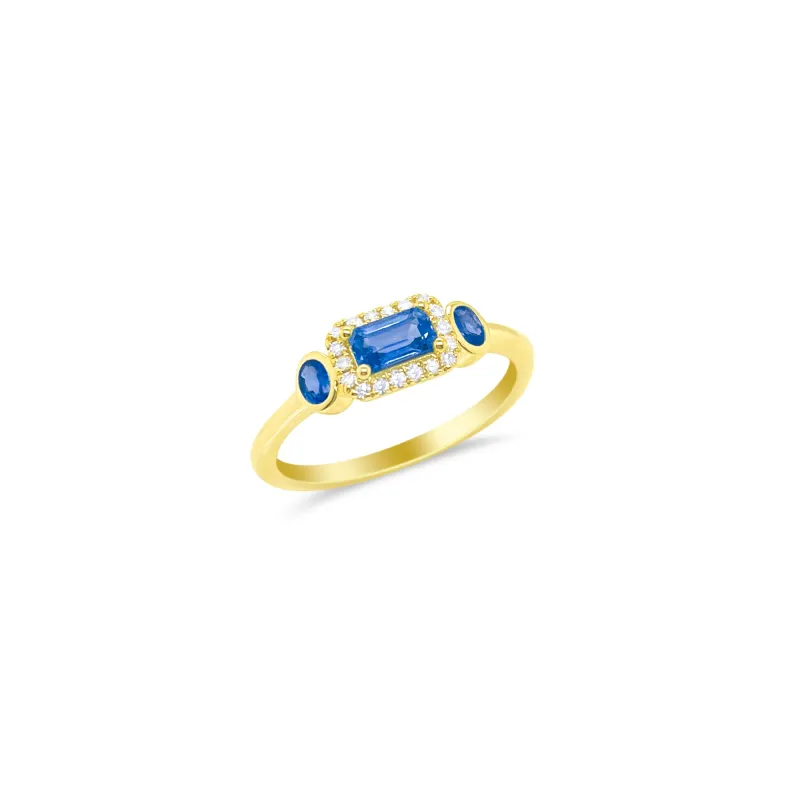 Emerald Cut Blue Sapphire Ring in Diamonds and 14kt Yellow Gold made by Meira T