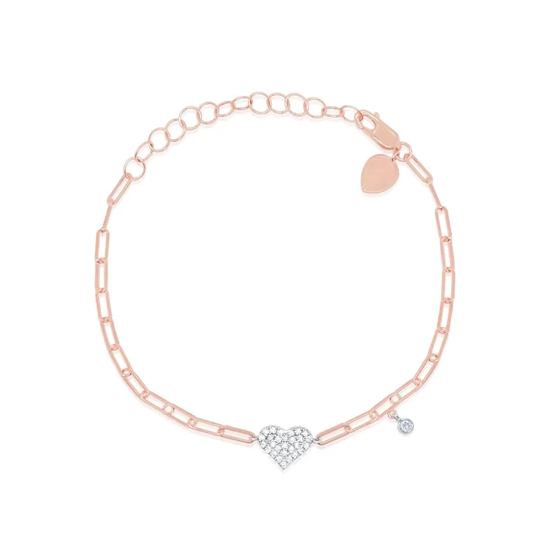 14kt Rose Gold Paperclip Chain Diamond Heart Bracelet made by Meira T