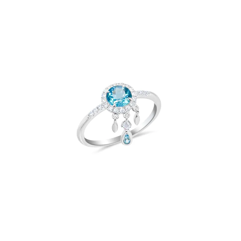 White Gold Blue Topaz Circle and Teardrop Ring made by Meira T