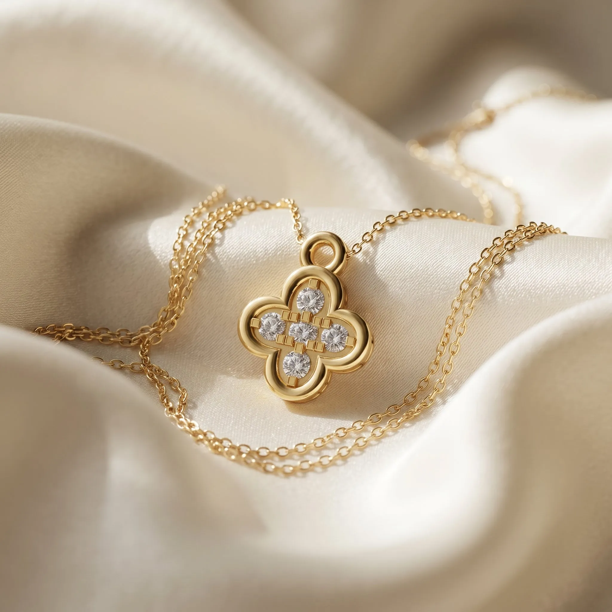 Gold Over Silver Lab Grown Diamond Clover Flower Necklace 16 inches sold by Meira T product image thumbnail 2