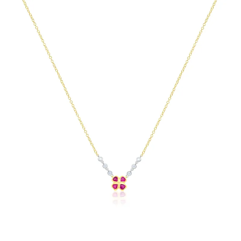 14kt Yellow Gold Pink Ruby Clover Necklace with Diamonds made by Meira T