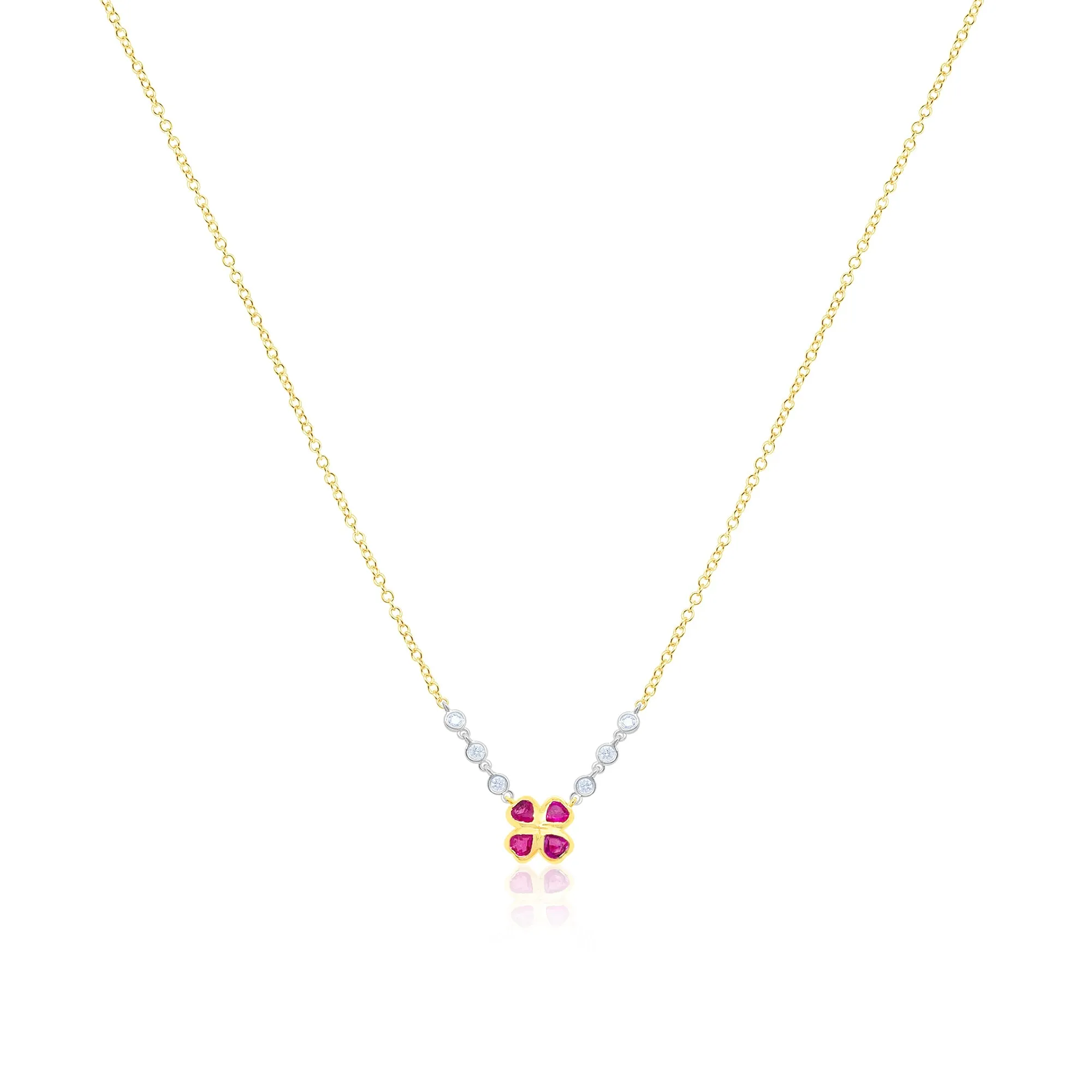 14kt Yellow Gold Pink Ruby Clover Necklace with Diamonds sold by Meira T
