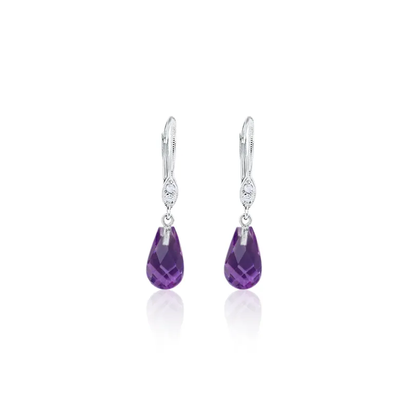 14kt White Gold Diamond Amethyst Briolette Dangle Earrings made by Meira T