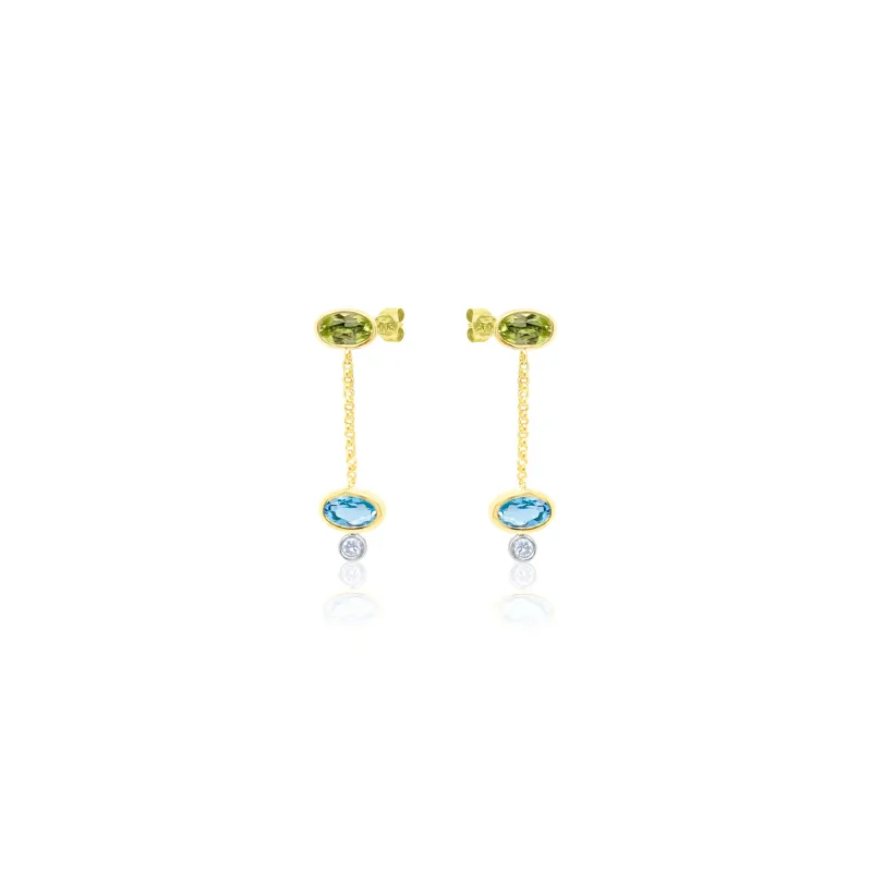 14kt Yellow Gold and Diamond Peridot and Blue Topaz Dangle Earrings made by Meira T