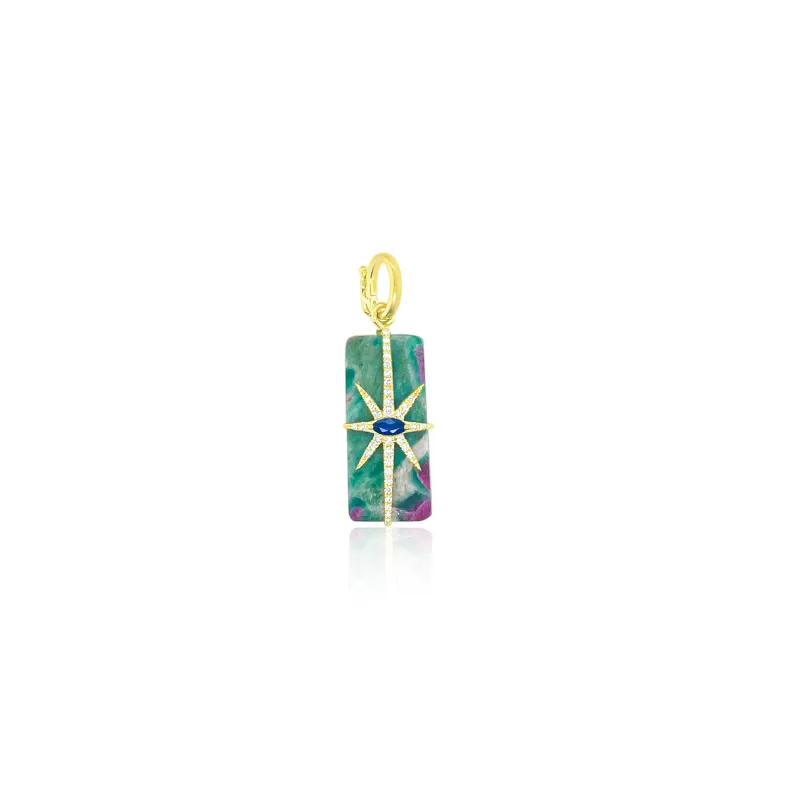 Yellow Gold Ruby Mica and Blue Sapphire Pendant made by Meira T