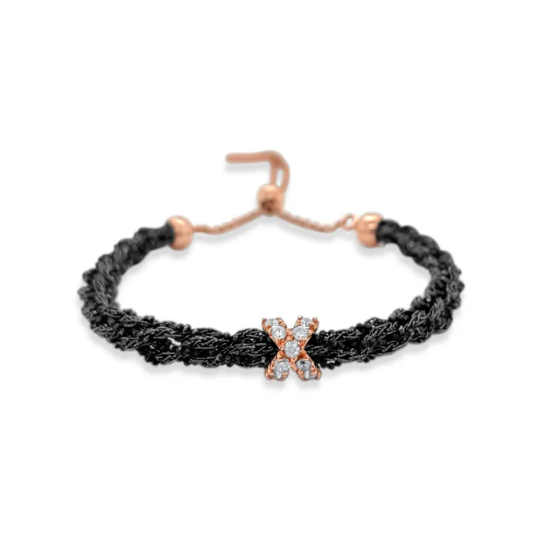 Black Rhodium Braided Chain and black Silk Bracelet with CZ Design sold by Meira T