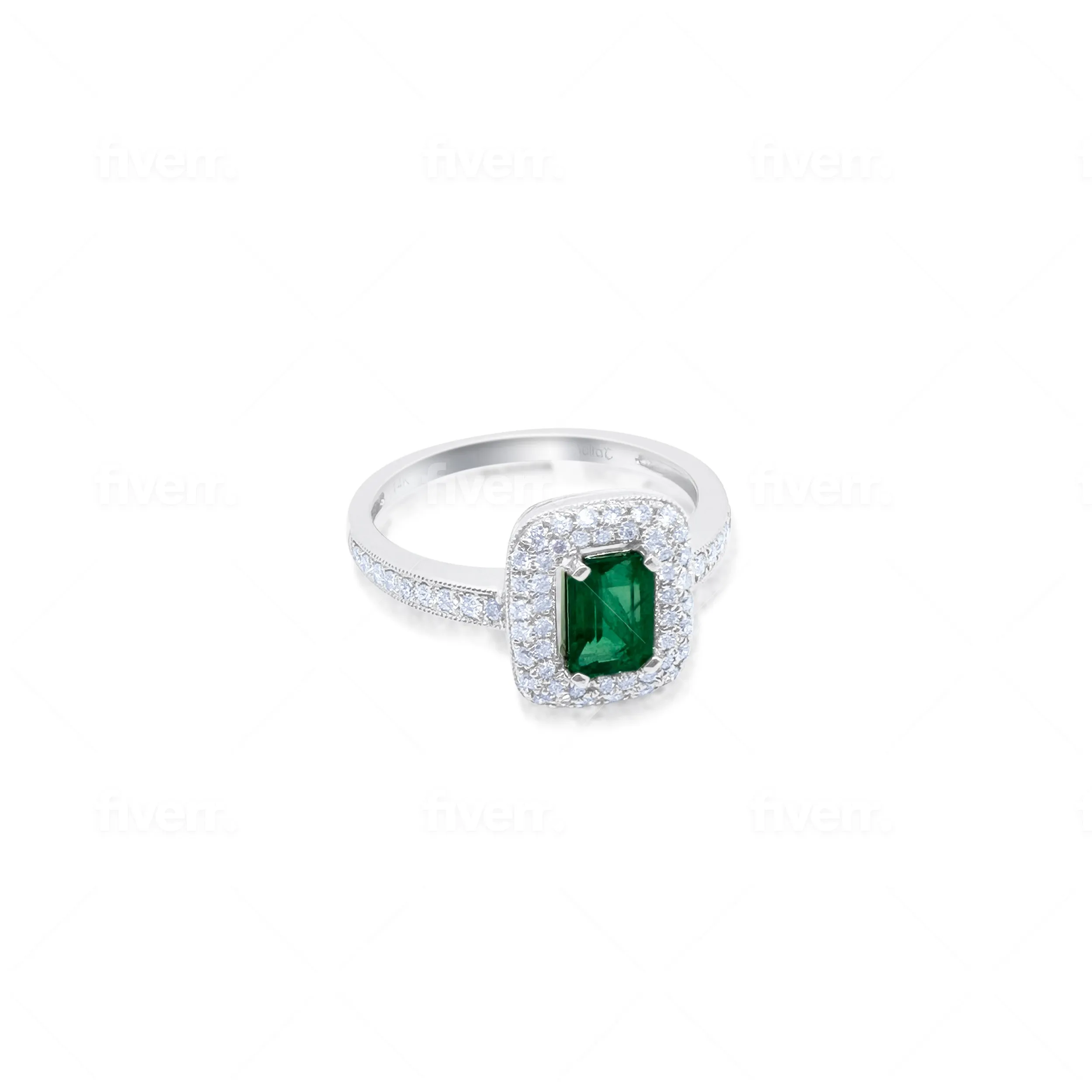 White Gold Emerald and Diamond Border Ring- SIZE 6.5 sold by Meira T