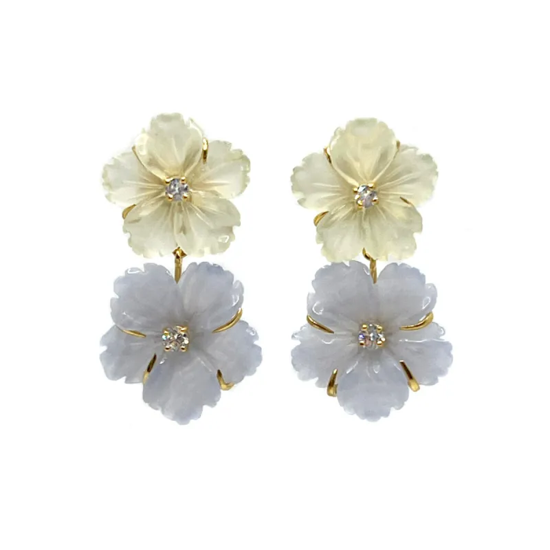 Double Carved Serpentine and Chalcedony Flower Earrings made by Meira T