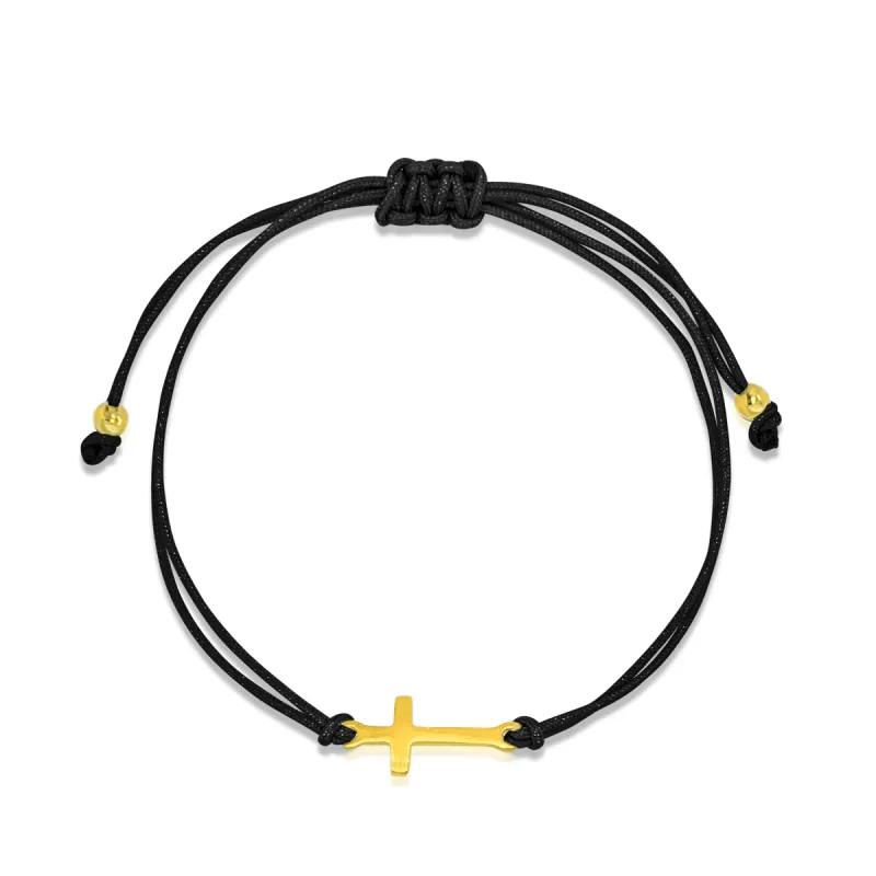 Dainty Gold Plated Cross Bracelet on Black Chord sold by Meira T