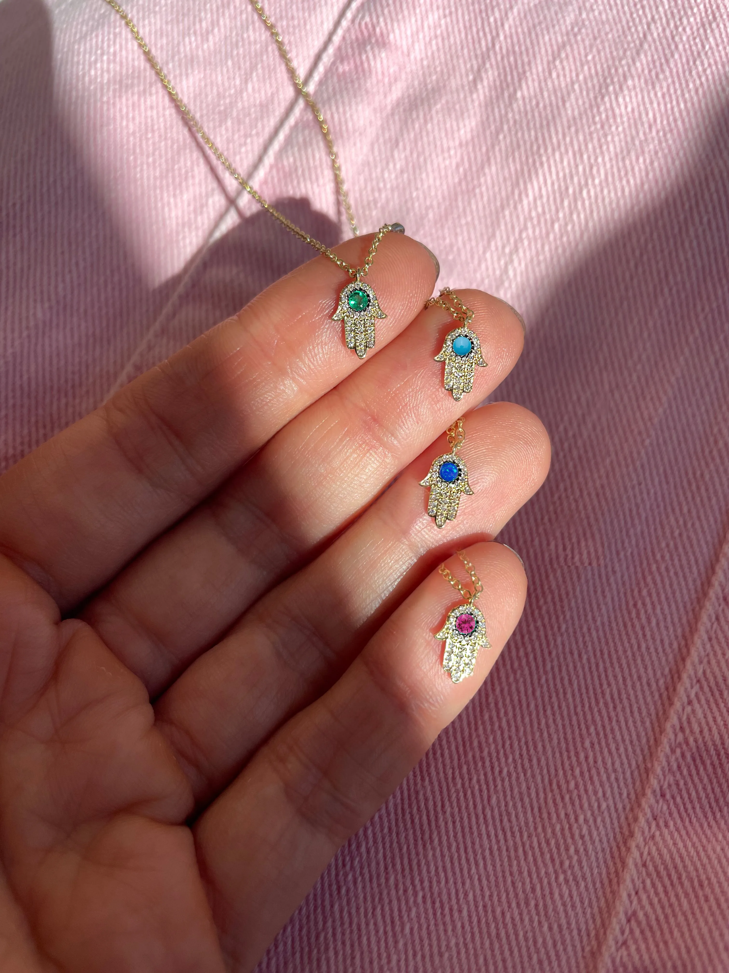 Yellow Gold and Emerald Hamsa Necklace with Diamond Charms sold by Meira T product image thumbnail 2