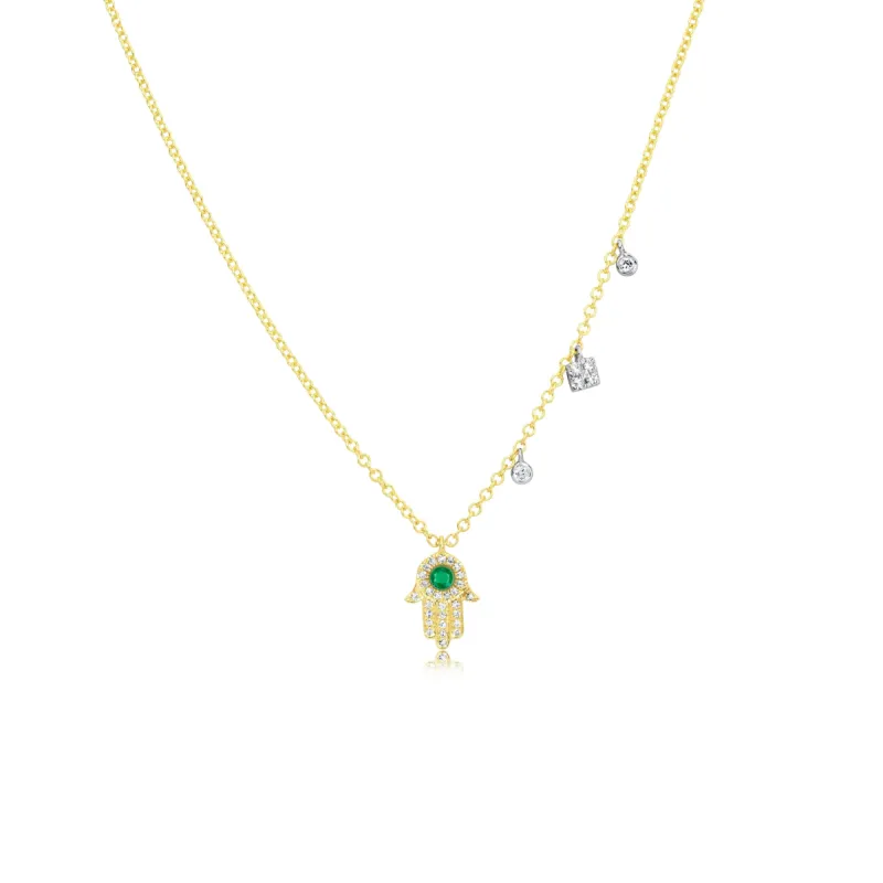 Yellow Gold and Emerald Hamsa Necklace with Diamond Charms sold by Meira T