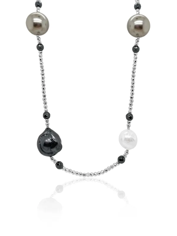 Organic Pearl and Silver Hematite Bead Long Wrap Necklace sold by Meira T