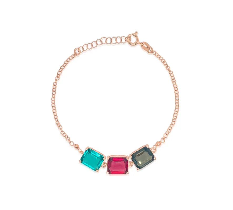 Rose Gold Plated Paperclip Chain with 3 Multicolor Stones sold by Meira T