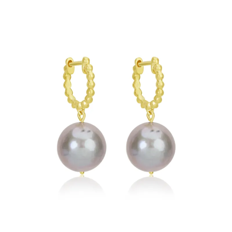 Yellow Gold Beaded Hoop Grey Pearl Earrings sold by Meira T