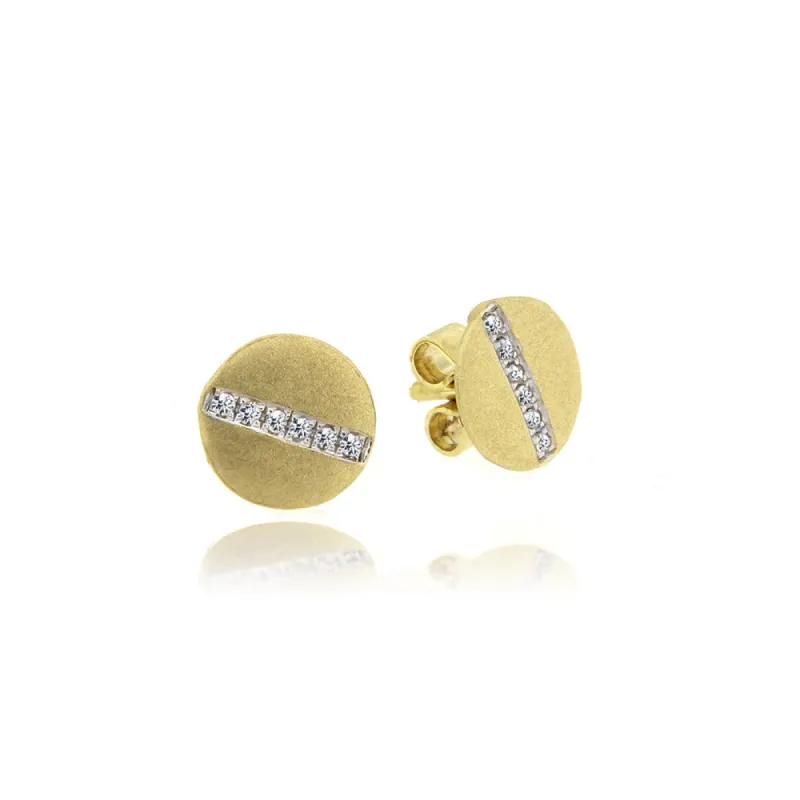 Brushed Yellow Gold Disc Studs with Diamond Stripe sold by Meira T