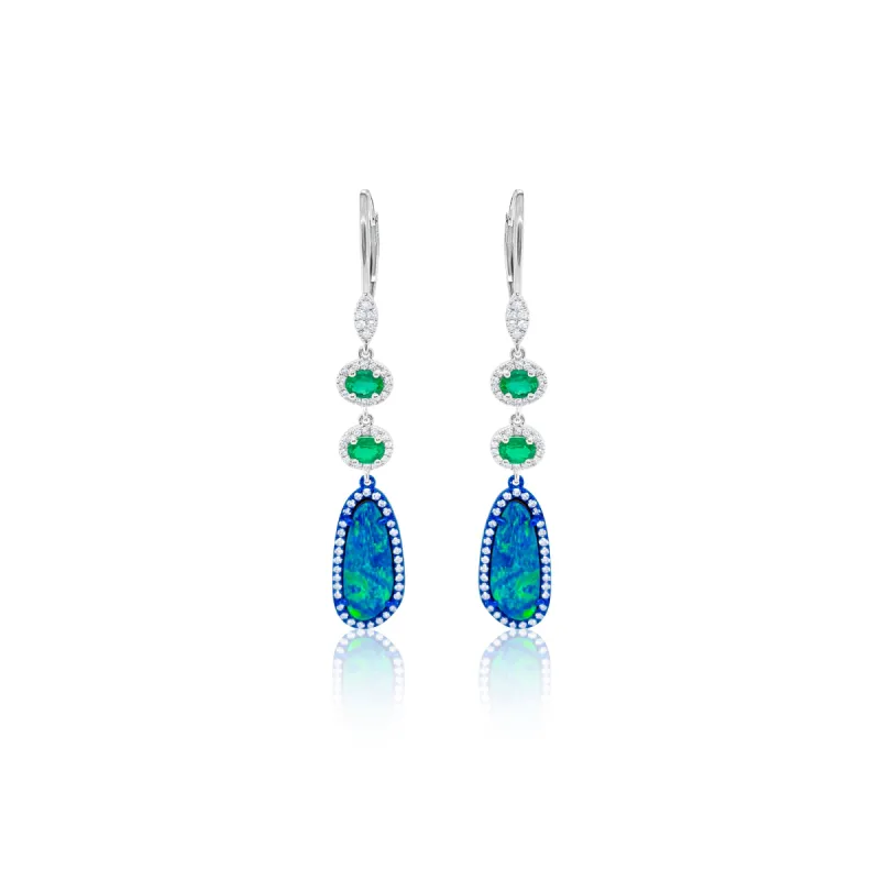 White Gold Blue Opal and Emerald Diamond Earrings sold by Meira T