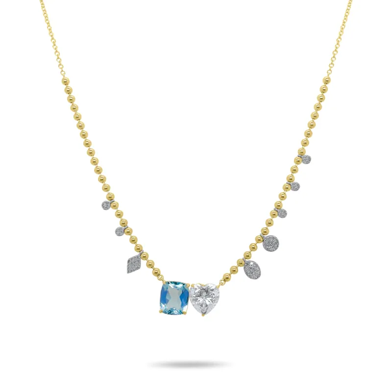 Yellow Gold Blue Topaz and Moissanite Ball Chain Necklace sold by Meira T