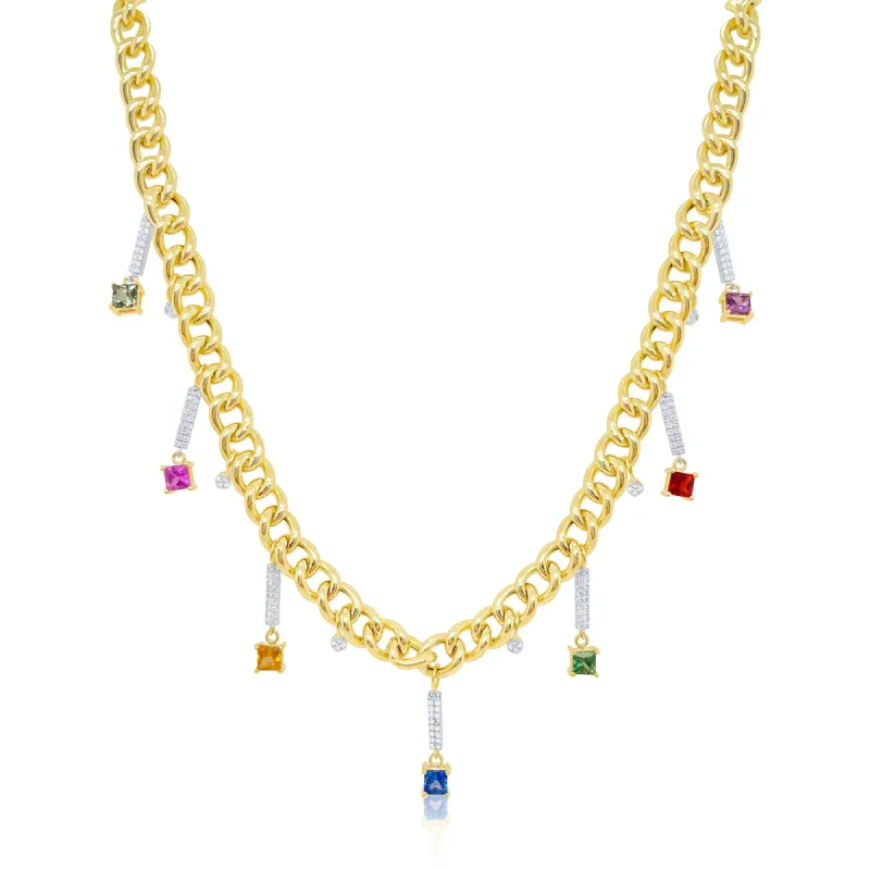 Yellow Gold Cuban and Mixed Sapphire Necklace sold by Meira T