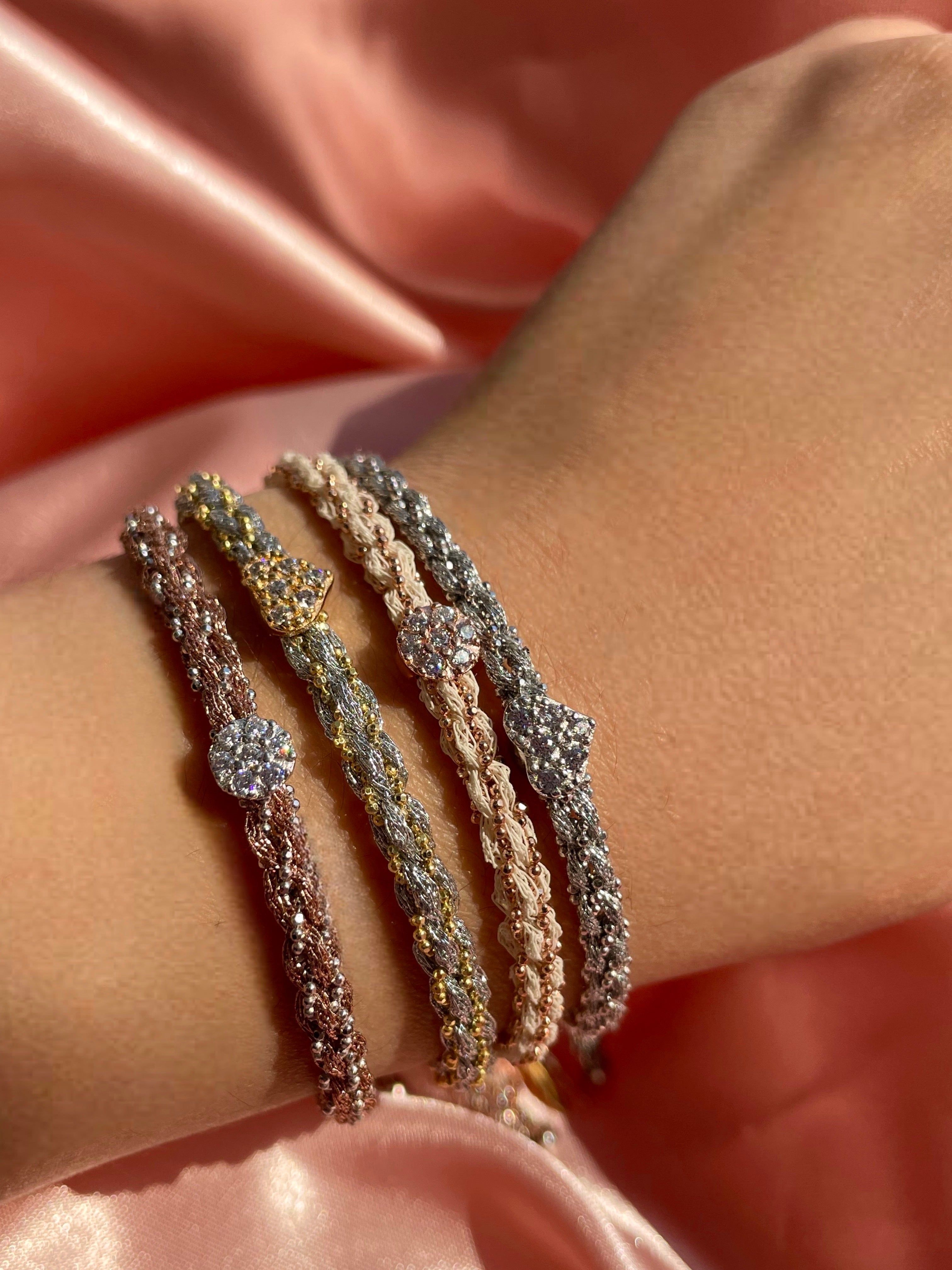 Rose Gold Braided Chain and White Silk Bracelet with CZ Disc sold by Meira T product image thumbnail 2