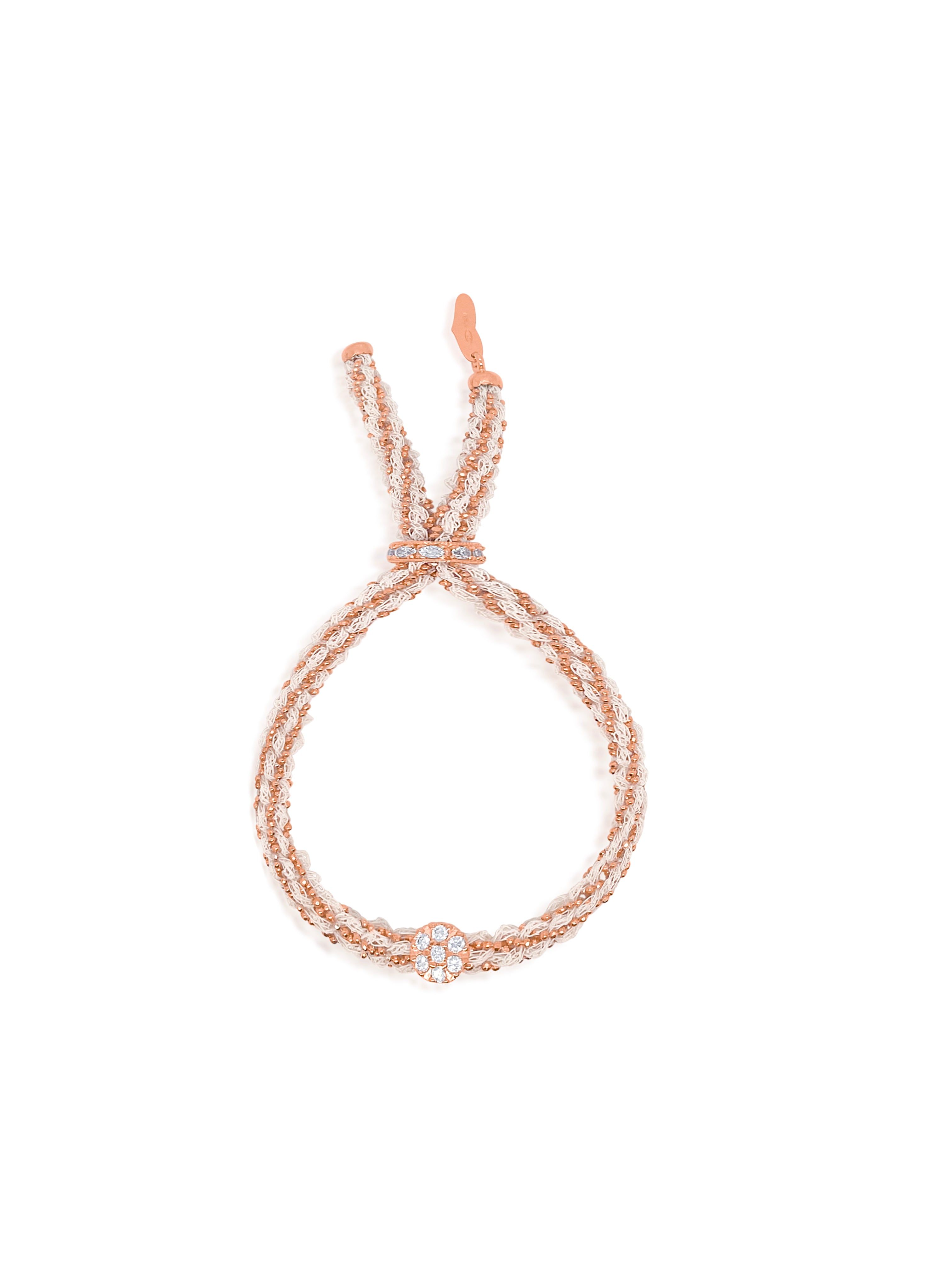 Rose Gold Braided Chain and White Silk Bracelet with CZ Disc sold by Meira T