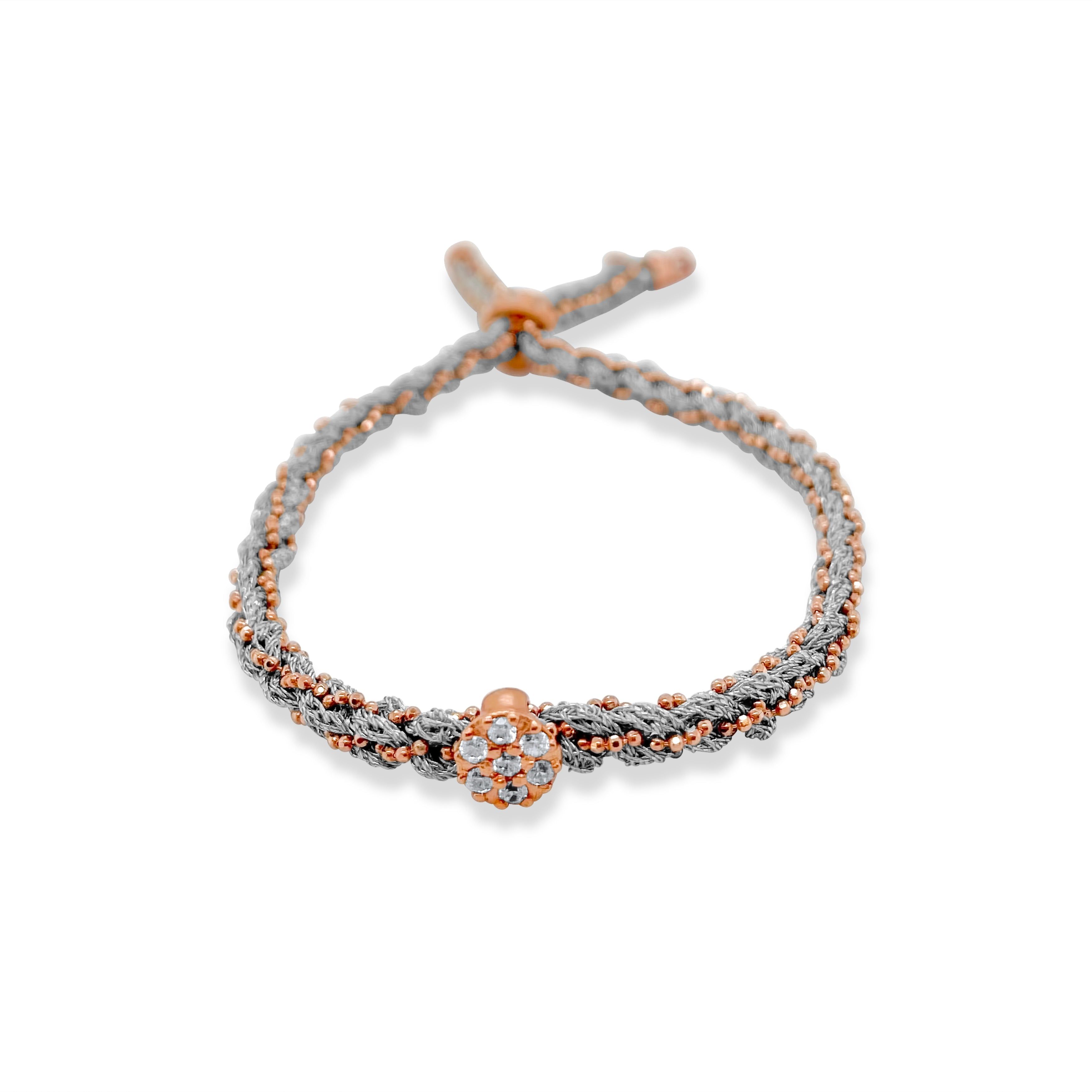 Rose Gold Braided Chain and Silver Colored Silk Bracelet with CZ Disc sold by Meira T