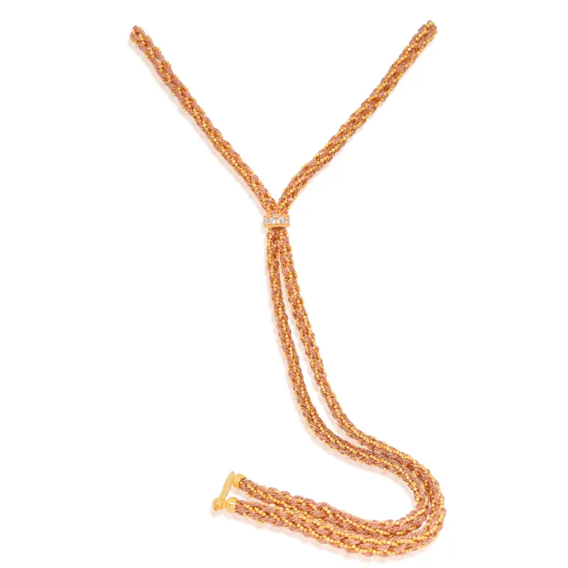 Yellow Silk Braided Y Necklace with Yellow Gold Chain and CZ Heart sold by Meira T