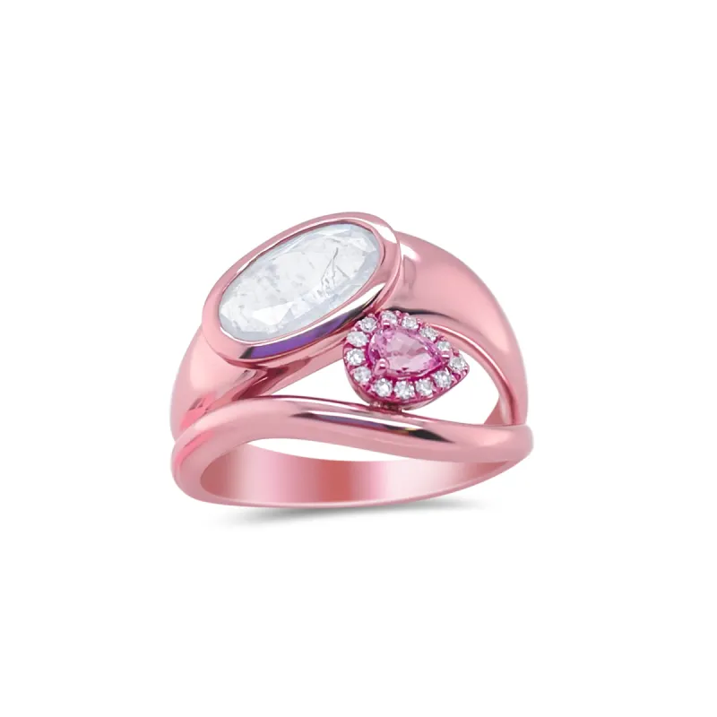 Pink Gold Rainbow Moonstone Pink Sapphire Diamond Ring-size 6.5 sold by Meira T