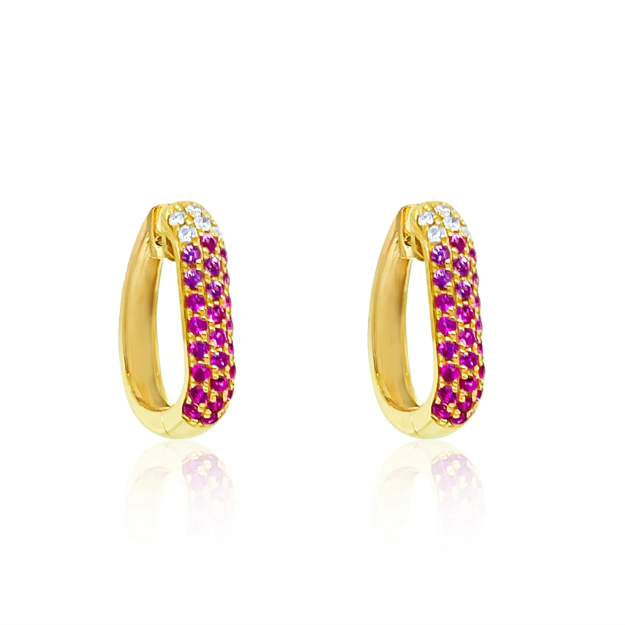 Yellow Gold Pink Sapphire and Diamond Square Huggies sold by Meira T