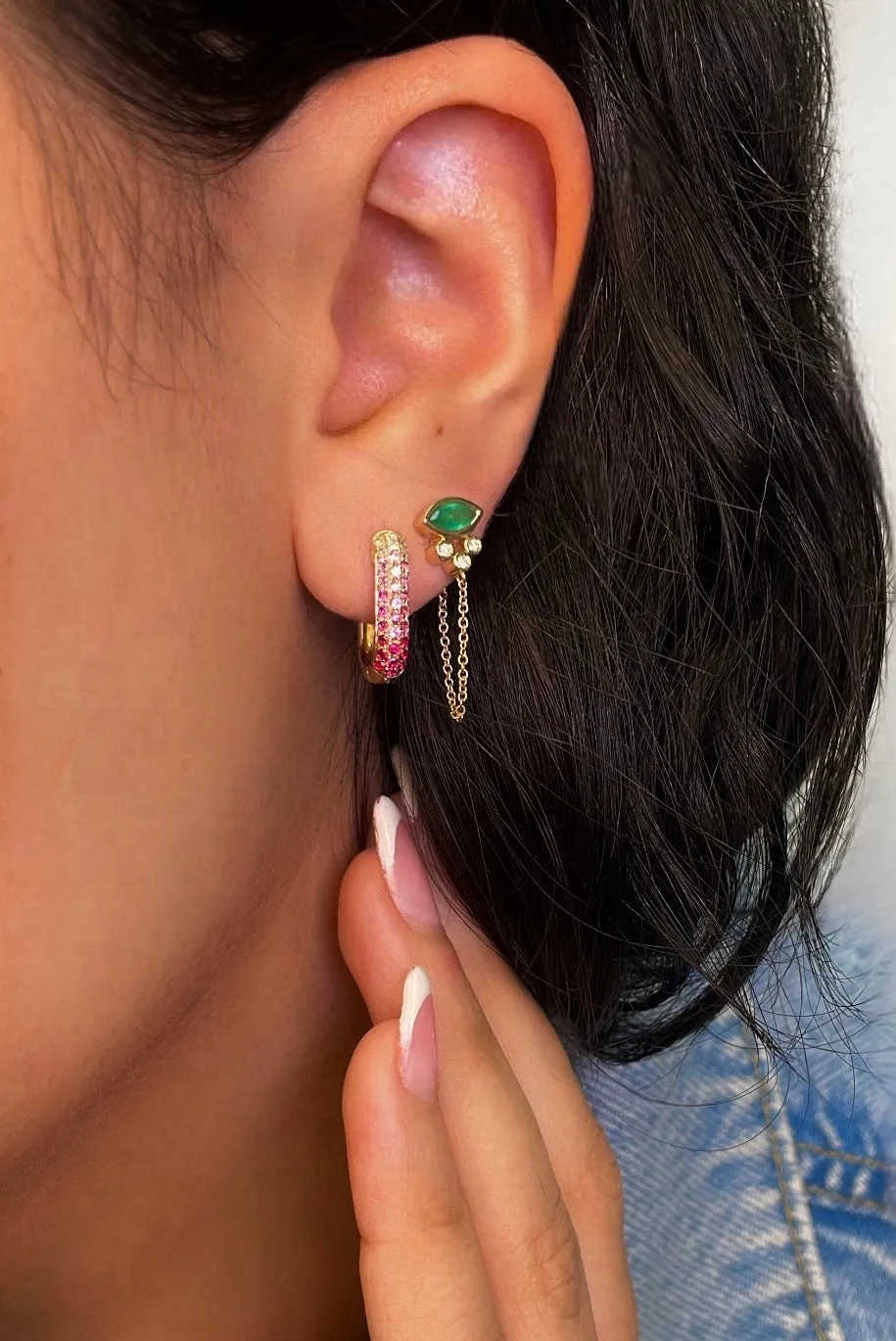 Yellow Gold Pink Sapphire and Diamond Square Huggies sold by Meira T product image thumbnail 2