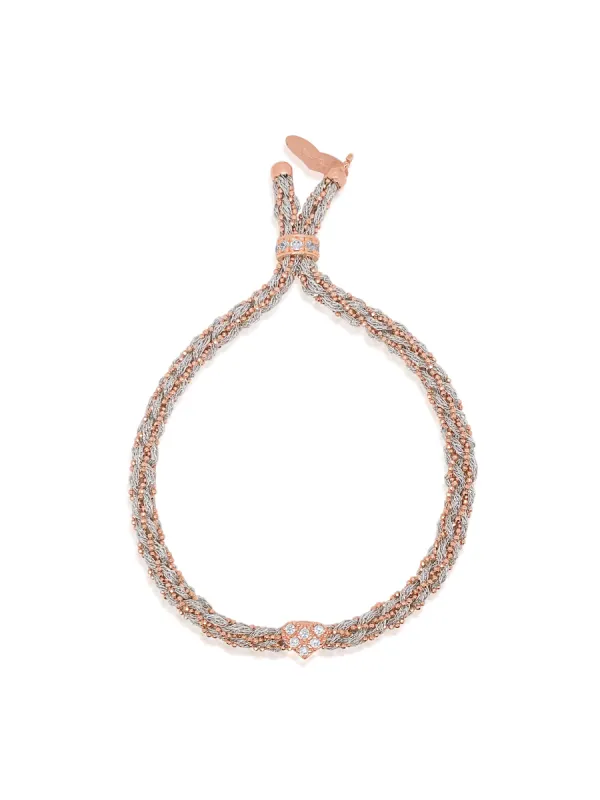 Rose Gold Braided Chain and Silver Silk Bracelet with CZ Heart sold by Meira T