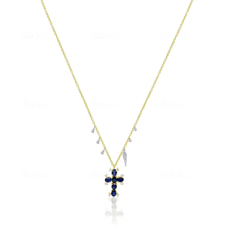 Blue Sapphire Cross and Diamond Charm Necklace sold by Meira T
