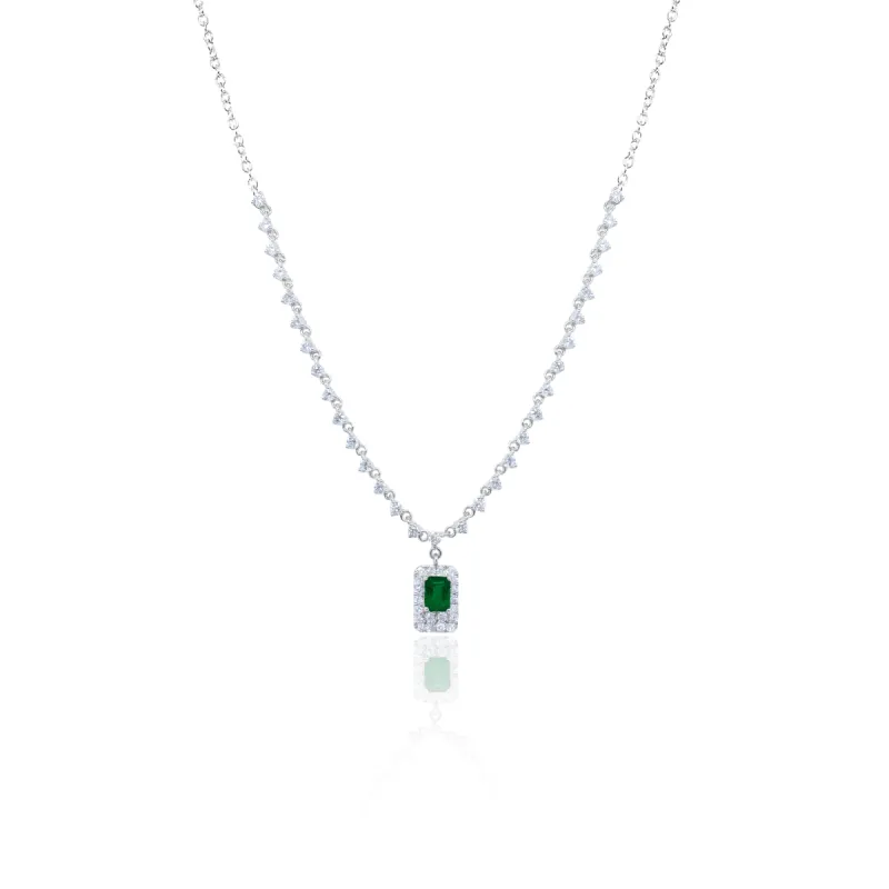 White Gold Diamond and Emerald Square Necklace sold by Meira T