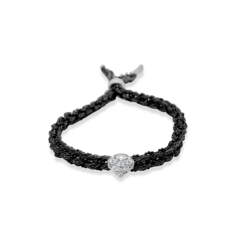 Rhodium colored Braided Chain and Black Silk Bracelet with CZ Heart sold by Meira T