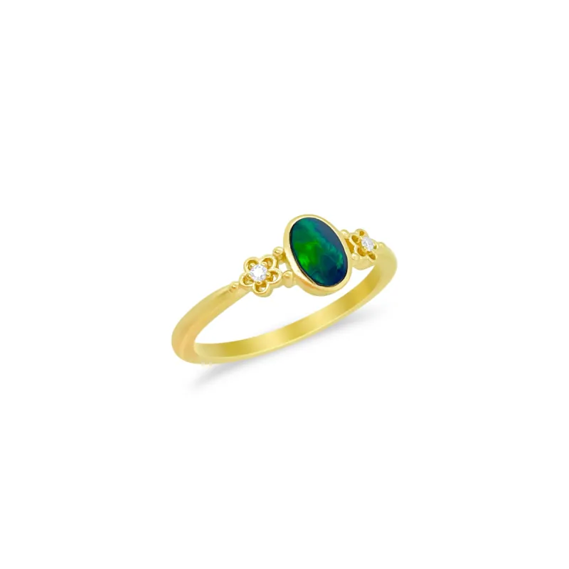 Yellow Gold Opal and Diamond Flower Ring- Size 6.5 sold by Meira T
