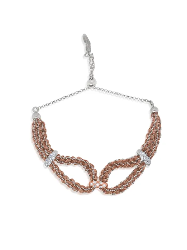 Yelow Gold Double Braided Chain and Rose Gold Silk Bracelet with Triple CZ Buckle sold by Meira T