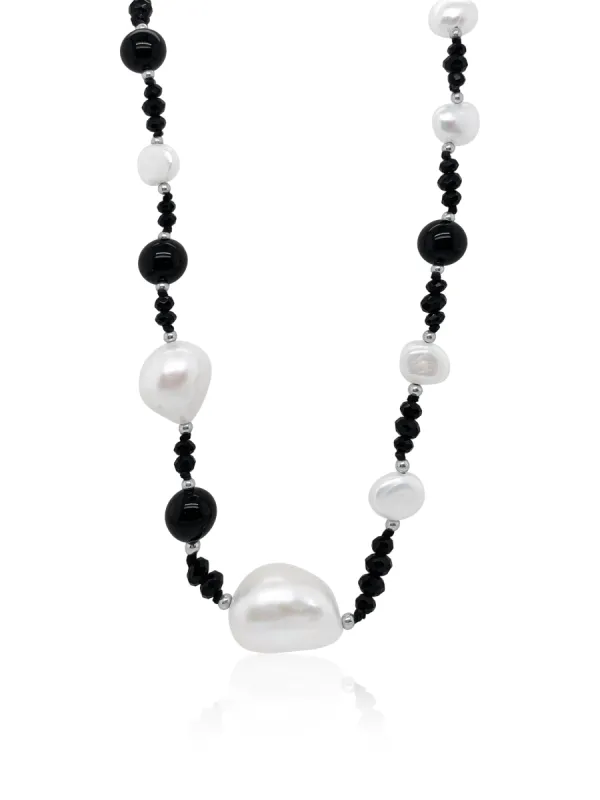 White Organic Pearl and Black Hematite Bead Long Wrap Necklace sold by Meira T