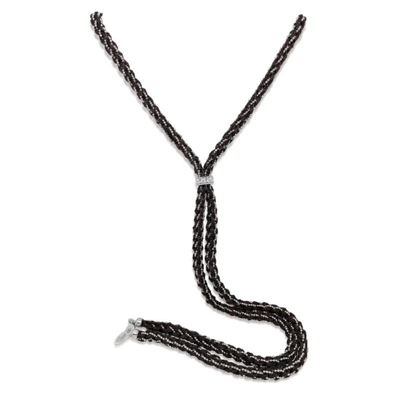 Black Silk Braided Y Necklace with White Gold Chain and CZ Heart sold by Meira T