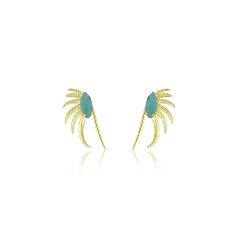 Yellow Gold Feather and Turquoise Earrings sold by Meira T