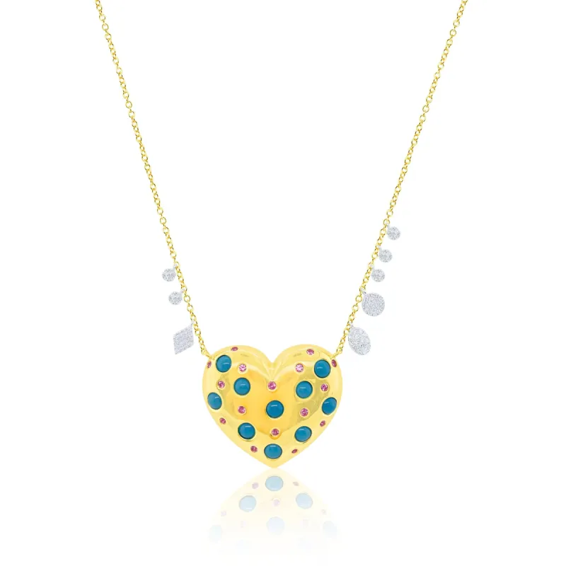 Yellow Gold Turquoise and Pink Sapphire Heart Necklace made by Meira T