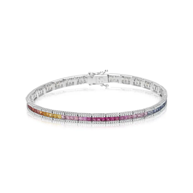 White Gold Rainbow Sapphire and Diamond Tennis Bracelet sold by Meira T