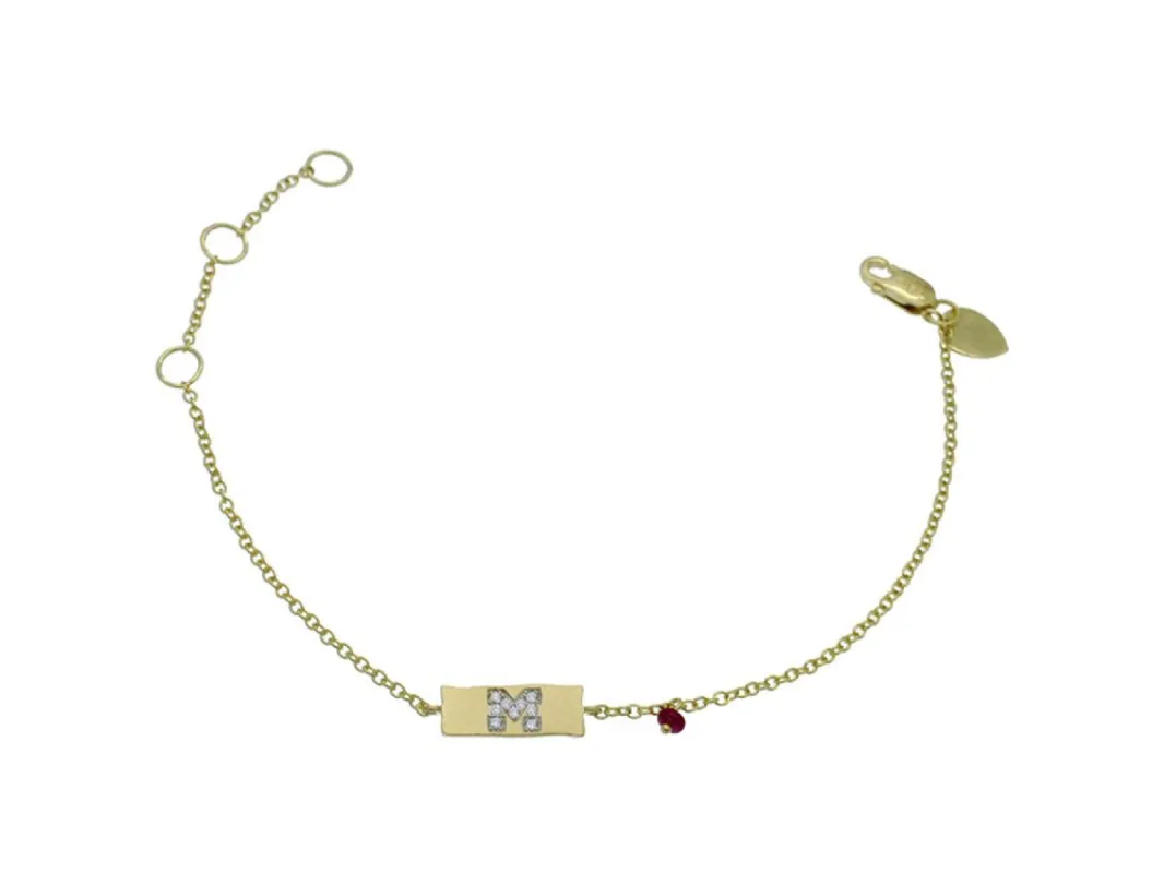 Yellow Gold Diamond "M" Plate and Ruby Bracelet sold by Meira T