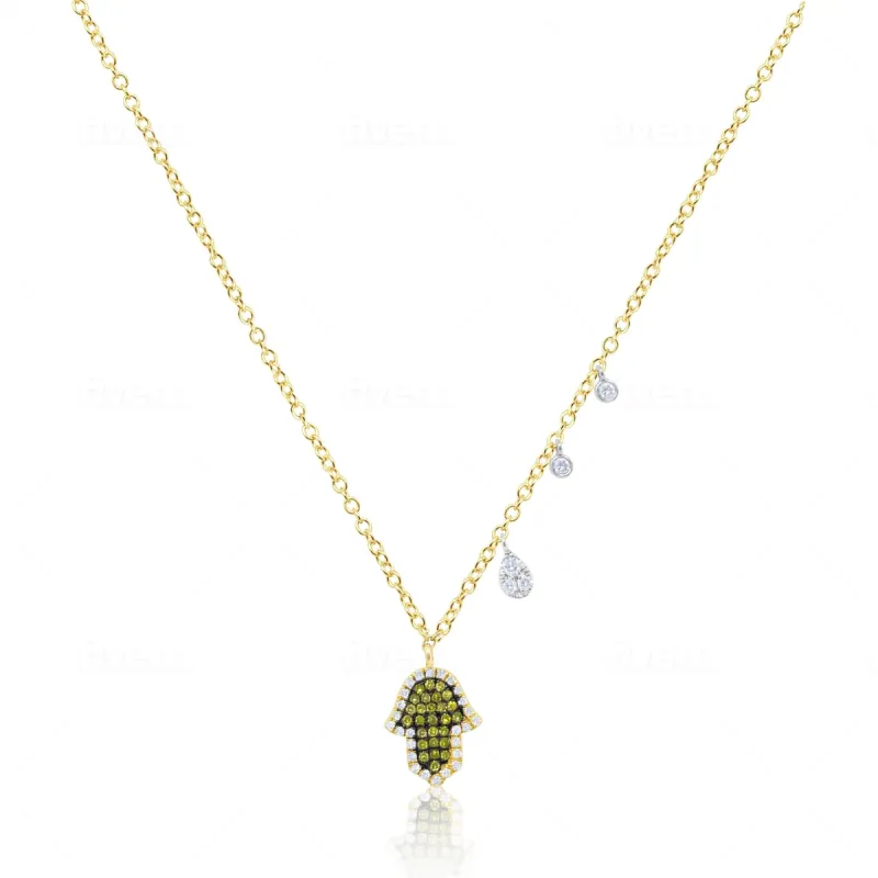 Yellow Gold Green Diamond Hamsa Necklace sold by Meira T
