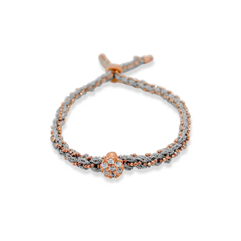 Rose Gold Braided Chain and Silver Colored Silk Bracelet with CZ Disc sold by Meira T