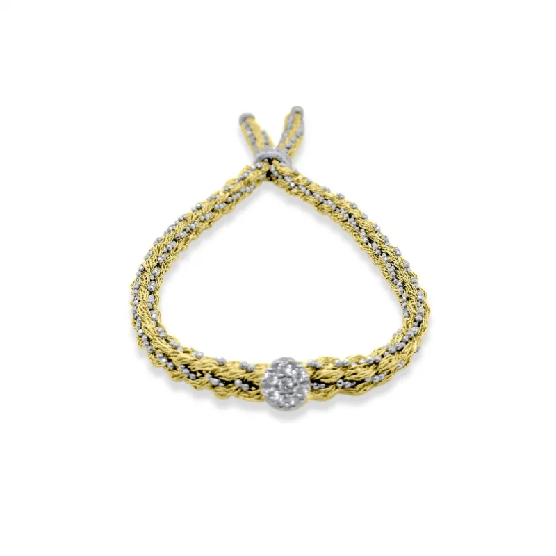 Silver Braided Chain and Yellow Gold Colored Silk Bracelet with CZ Disc sold by Meira T