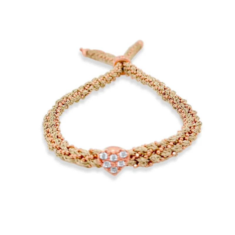 Rose Gold Colored Braided Chain and Yellow Gold Silk Bracelet with CZ Heart sold by Meira T