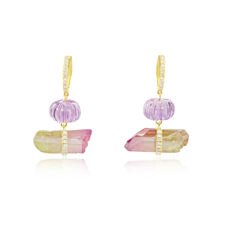 Yellow Gold Amethyst and  Watermelon Tourmaline Drop Earrings-ONLINE EXCLUSIVE sold by Meira T