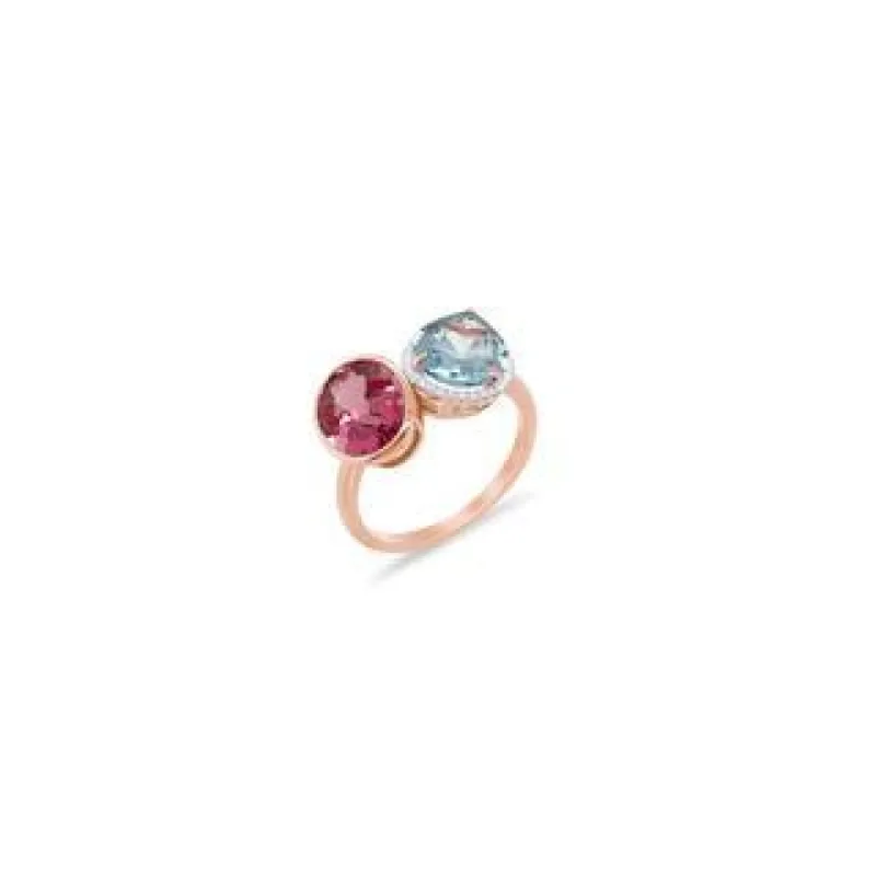 Toi et Moi: Rose Gold Pink and Blue Topaz Ring sold by Meira T